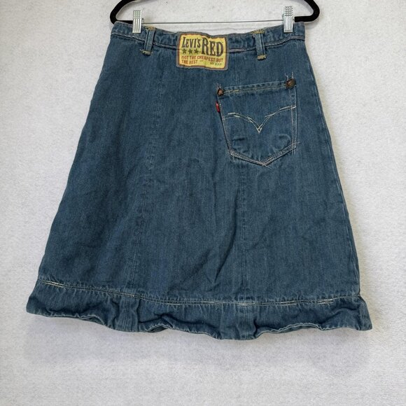 Levi's Red Denim Skirt Womens XS Blue A Line Ruffle Hem Button Knee Length - Picture 5 of 10